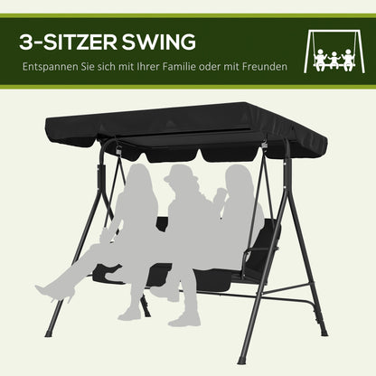 Hollywood Swing with Adjustable Sun Canopy, 3-Seater Garden Swing with Anti-Slip Feet, Water-Resistant Swing Bench for Garden, 172x110x153cm, Black