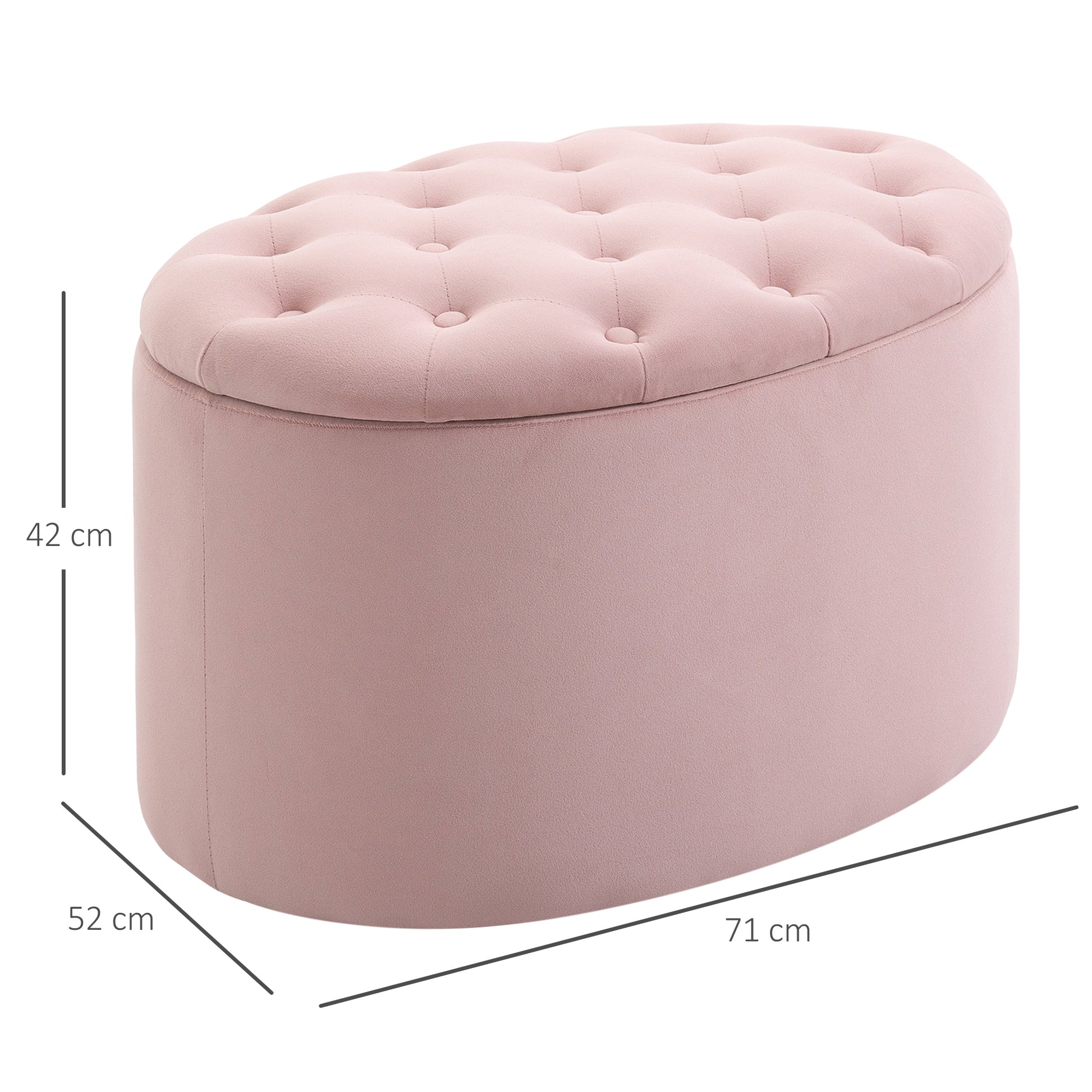 Storage Bench Upholstered Ottoman with Velvet Look, Storage Chest Oval Shape, Storage Bench for Living Room Bedroom Hallway 71 x 52 x 42 cm, Pink
