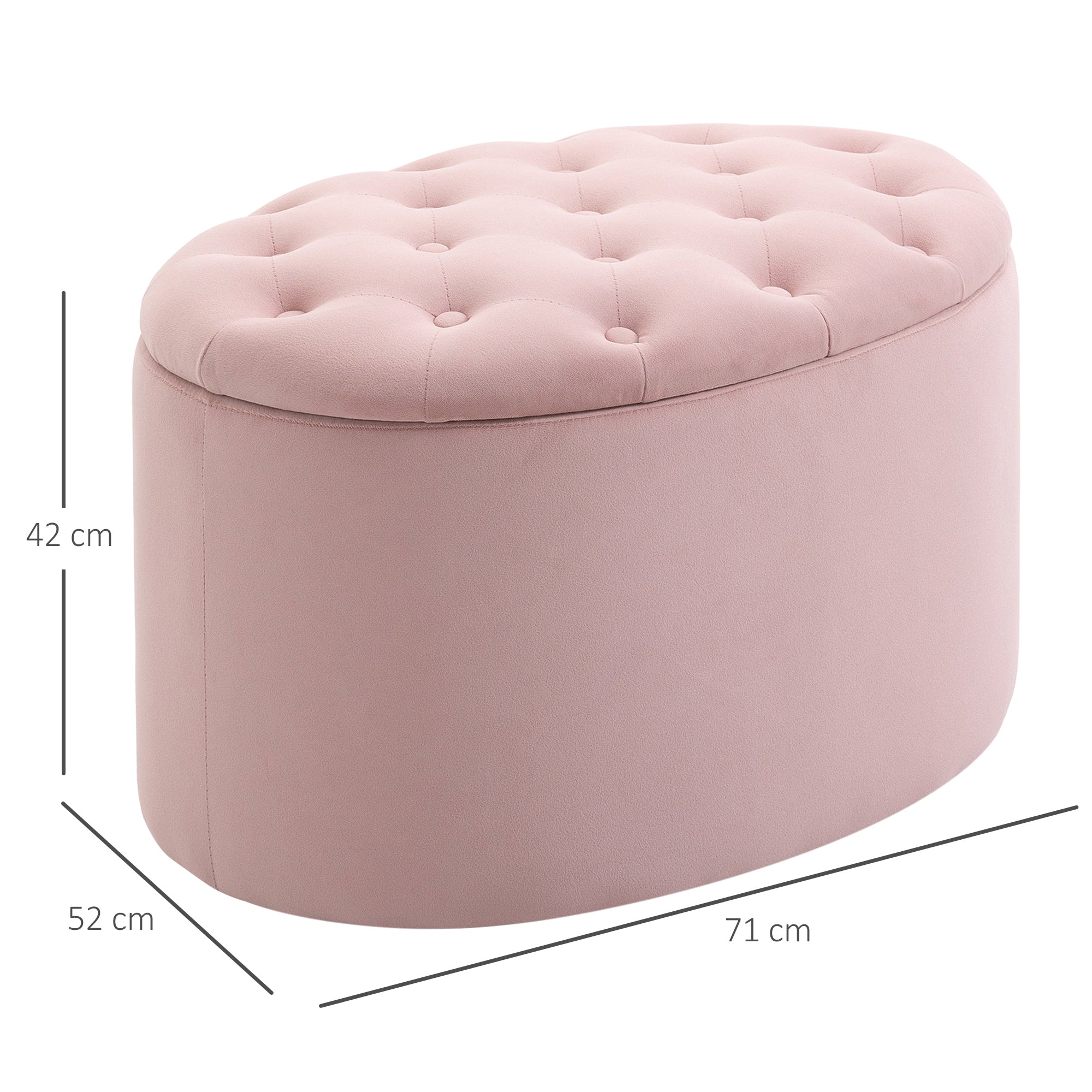 Storage Bench Upholstered Ottoman with Velvet Look, Storage Chest Oval Shape, Storage Bench for Living Room Bedroom Hallway 71 x 52 x 42 cm, Pink