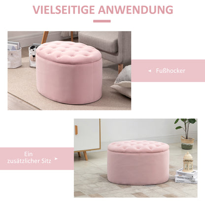 Storage Bench Upholstered Ottoman with Velvet Look, Storage Chest Oval Shape, Storage Bench for Living Room Bedroom Hallway 71 x 52 x 42 cm, Pink
