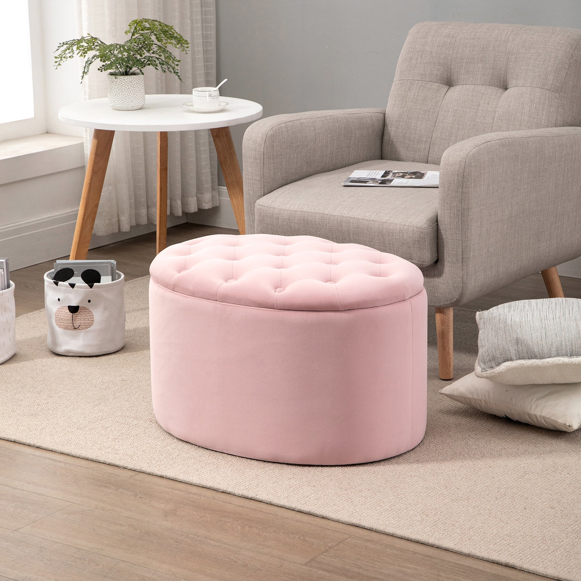 Storage Bench Upholstered Ottoman with Velvet Look, Storage Chest Oval Shape, Storage Bench for Living Room Bedroom Hallway 71 x 52 x 42 cm, Pink