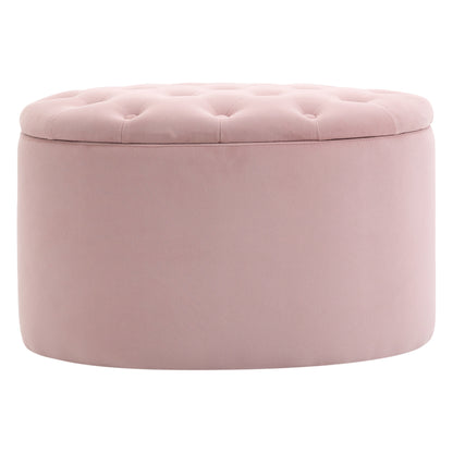 Storage Bench Upholstered Ottoman with Velvet Look, Storage Chest Oval Shape, Storage Bench for Living Room Bedroom Hallway 71 x 52 x 42 cm, Pink