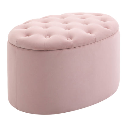 Storage Bench Upholstered Ottoman with Velvet Look, Storage Chest Oval Shape, Storage Bench for Living Room Bedroom Hallway 71 x 52 x 42 cm, Pink
