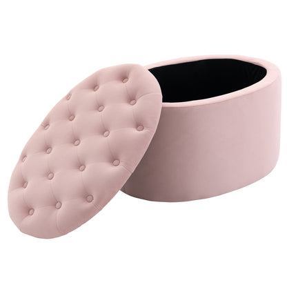 Storage Bench Upholstered Ottoman with Velvet Look, Storage Chest Oval Shape, Storage Bench for Living Room Bedroom Hallway 71 x 52 x 42 cm, Pink