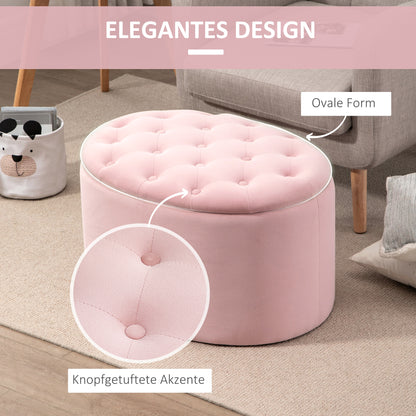 Storage Bench Upholstered Ottoman with Velvet Look, Storage Chest Oval Shape, Storage Bench for Living Room Bedroom Hallway 71 x 52 x 42 cm, Pink