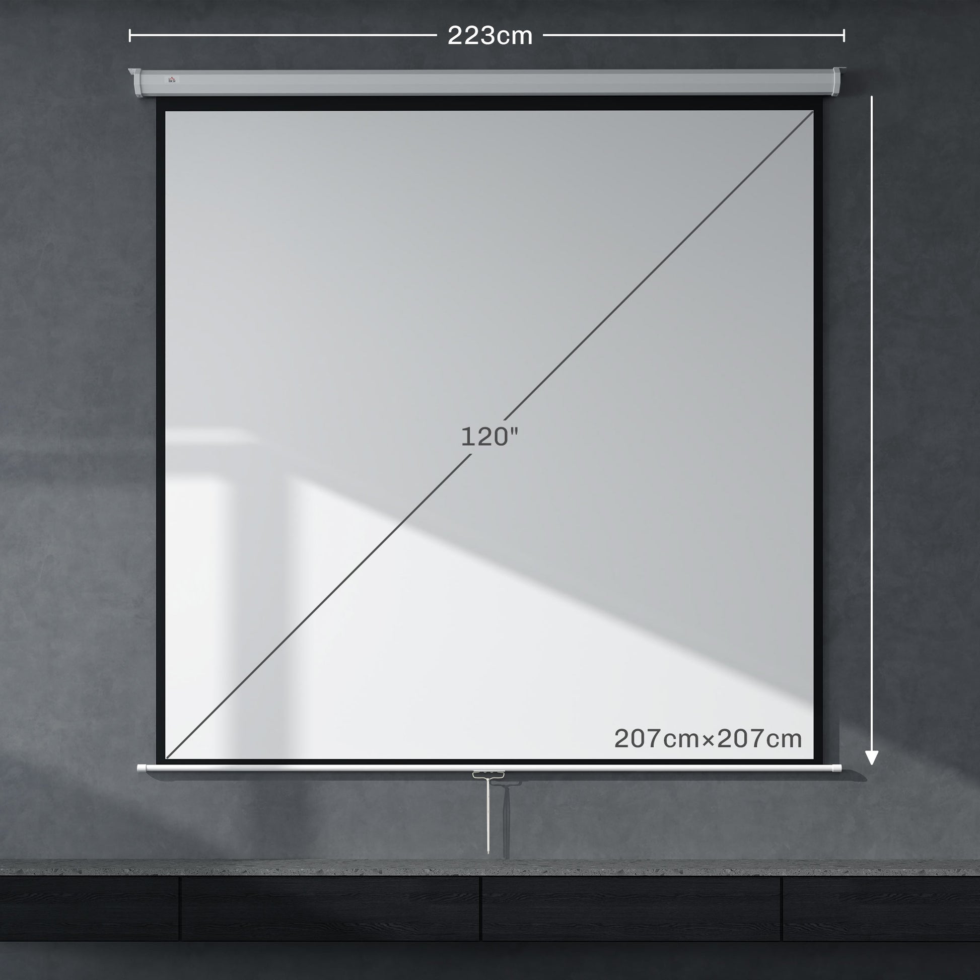 120-Inch Projector Screen 1:1 Format, Rollable Projector Screen with 160° Viewing Angle and Ceiling or Wall Mount, 223x8x223 cm, White