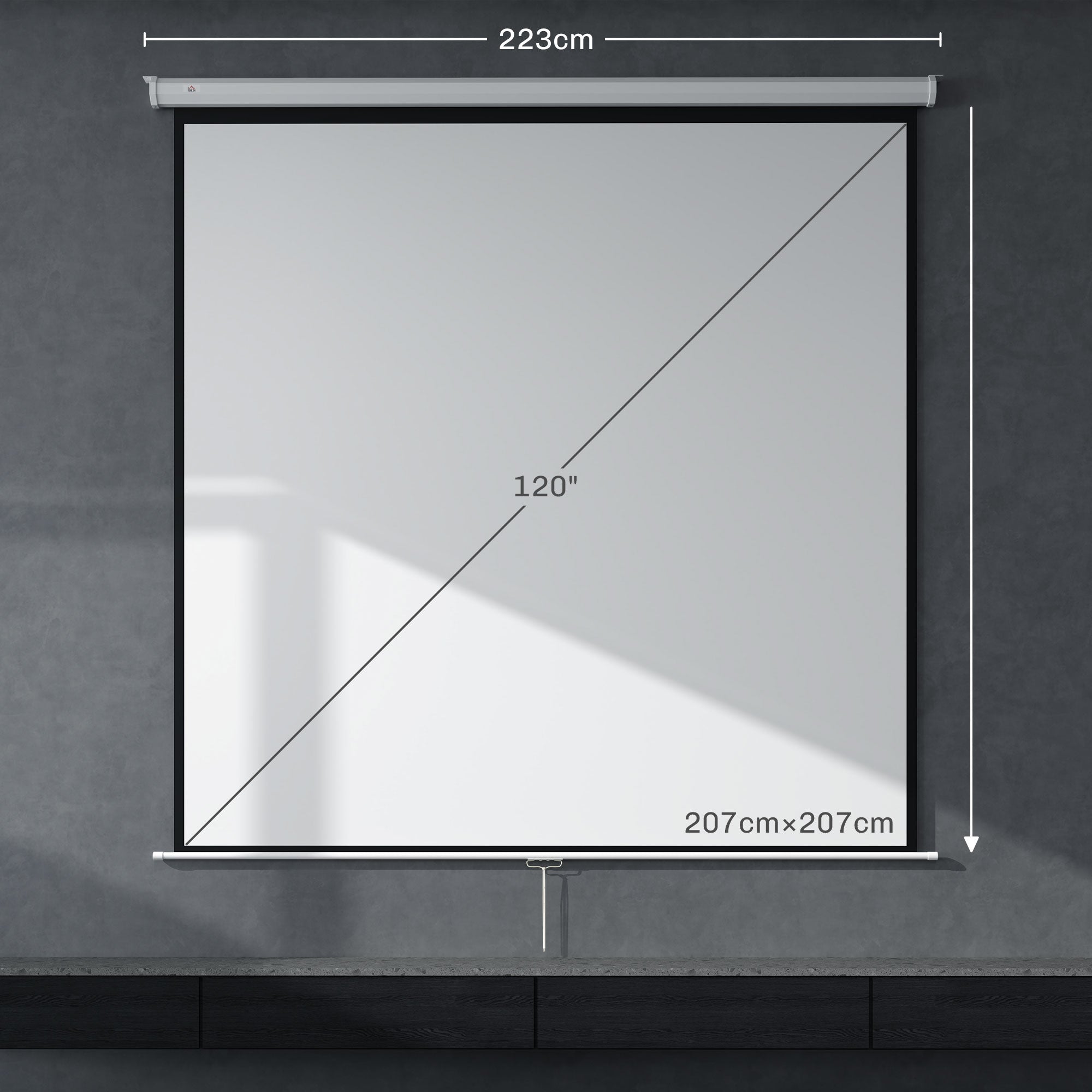120-Inch Projector Screen 1:1 Format, Rollable Projector Screen with 160° Viewing Angle and Ceiling or Wall Mount, 223x8x223 cm, White
