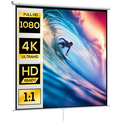 120-Inch Projector Screen 1:1 Format, Rollable Projector Screen with 160° Viewing Angle and Ceiling or Wall Mount, 223x8x223 cm, White