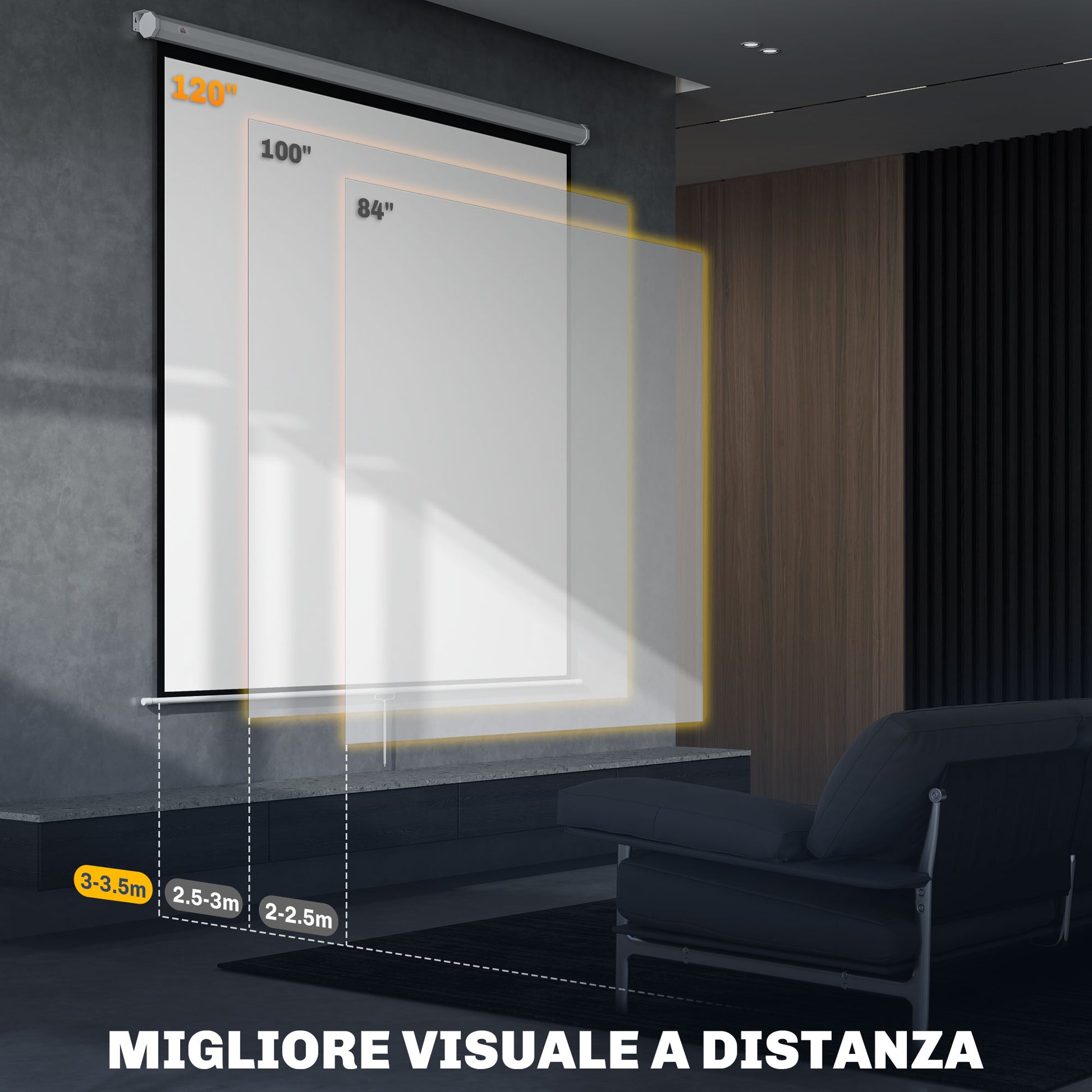 120-Inch Projector Screen 1:1 Format, Rollable Projector Screen with 160° Viewing Angle and Ceiling or Wall Mount, 223x8x223 cm, White
