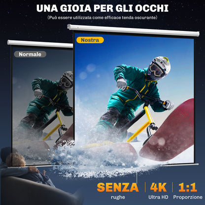 120-Inch Projector Screen 1:1 Format, Rollable Projector Screen with 160° Viewing Angle and Ceiling or Wall Mount, 223x8x223 cm, White