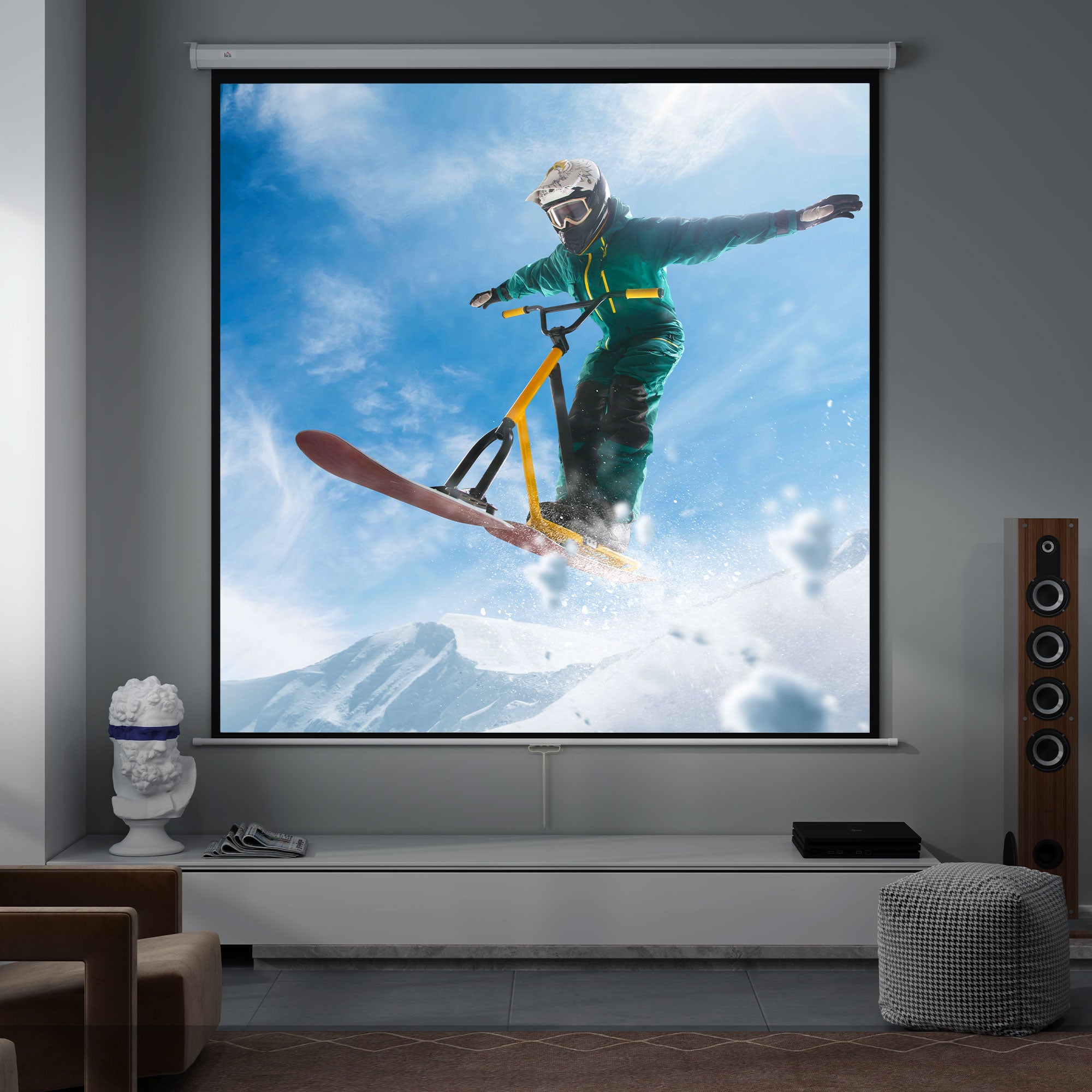 120-Inch Projector Screen 1:1 Format, Rollable Projector Screen with 160° Viewing Angle and Ceiling or Wall Mount, 223x8x223 cm, White