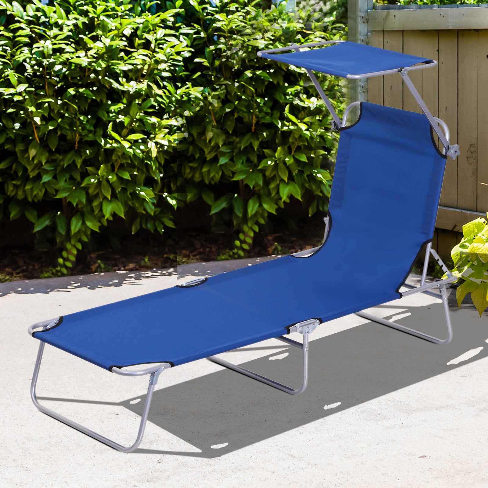 Folding Sun Lounger Garden Lounger with Canopy, Lounger with 4 Adjustable Backrest Positions, Weatherproof Camping Lounger up to 120 kg Load Capacity, for Garden Beach Pool, Blue