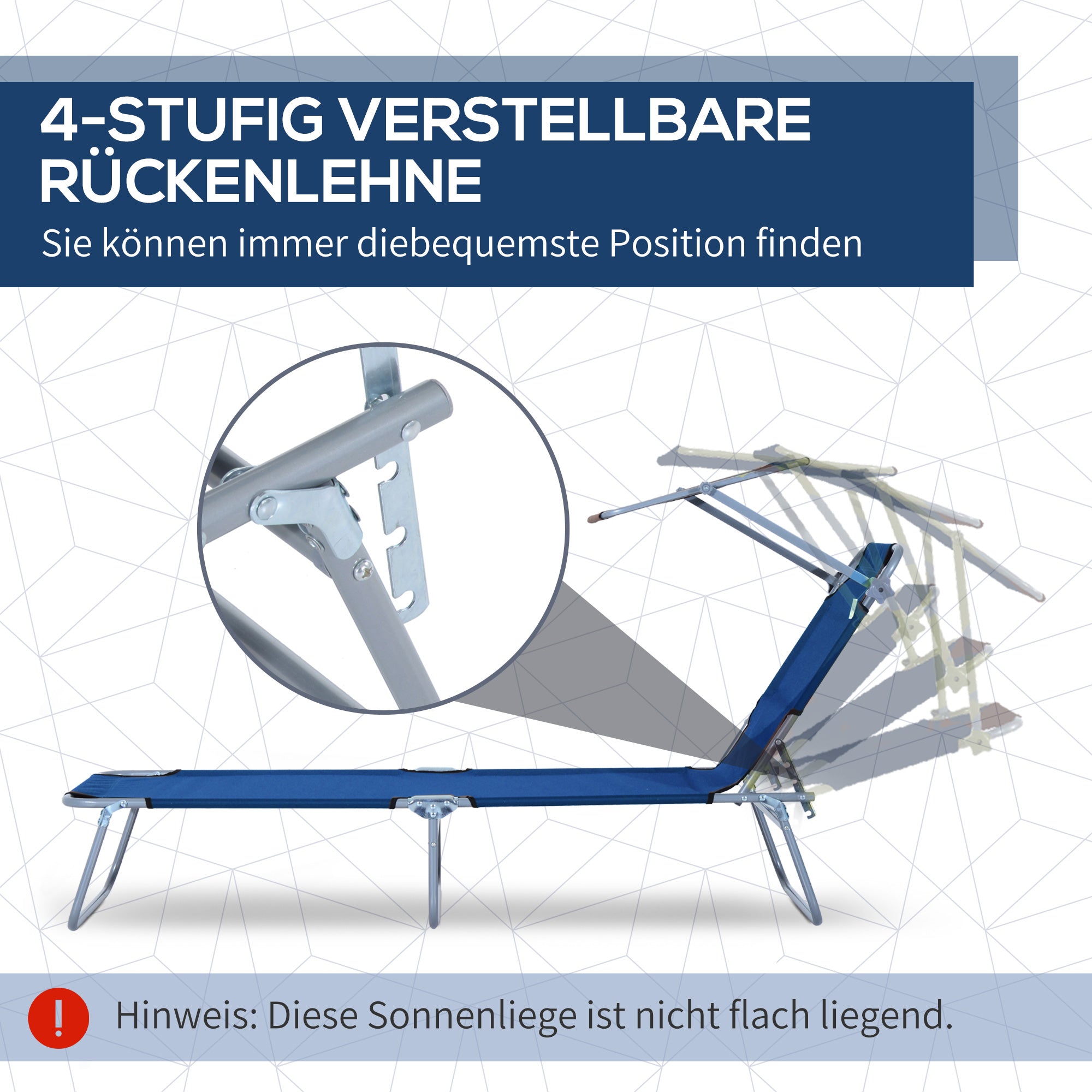 Folding Sun Lounger Garden Lounger with Canopy, Lounger with 4 Adjustable Backrest Positions, Weatherproof Camping Lounger up to 120 kg Load Capacity, for Garden Beach Pool, Blue