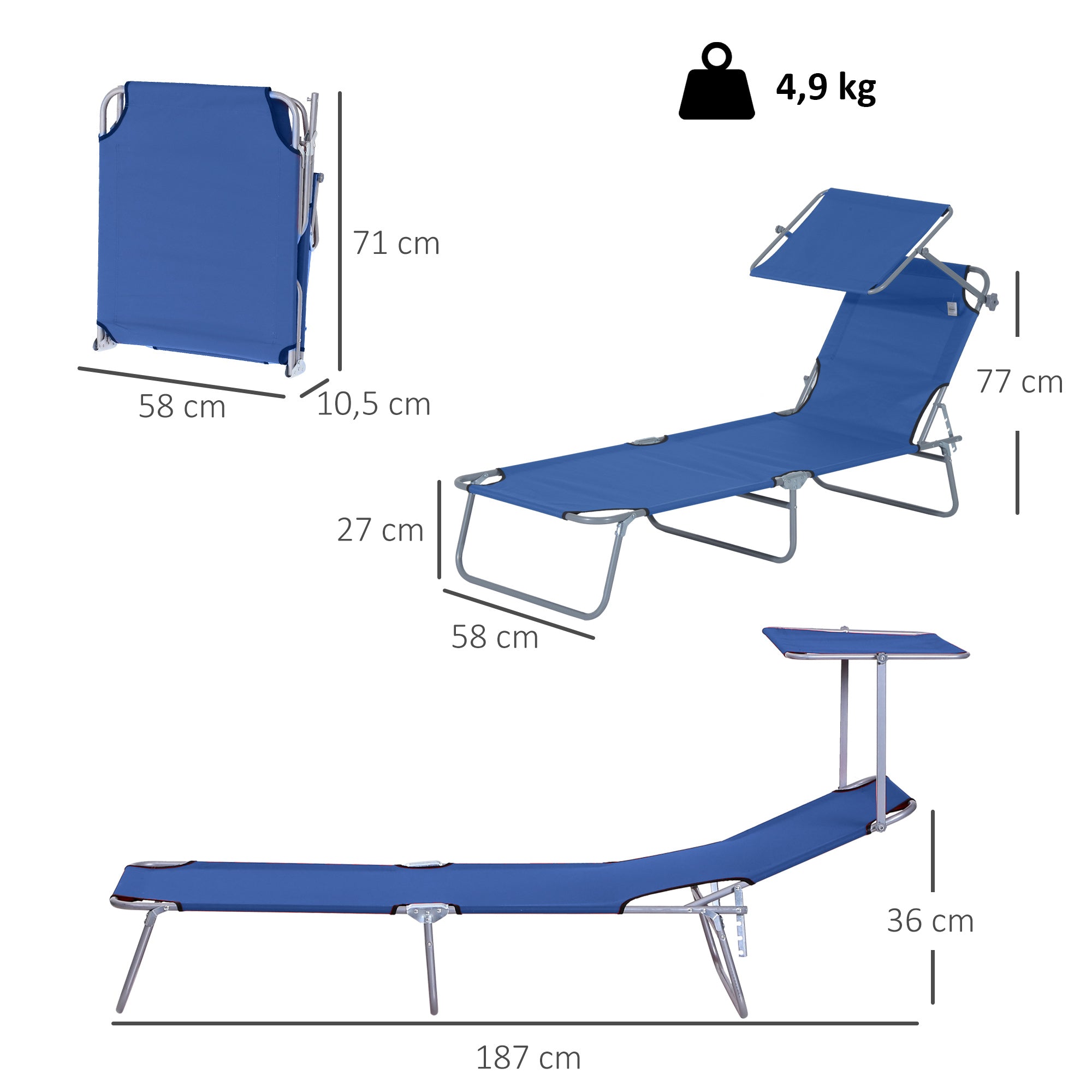 Folding Sun Lounger Garden Lounger with Canopy, Lounger with 4 Adjustable Backrest Positions, Weatherproof Camping Lounger up to 120 kg Load Capacity, for Garden Beach Pool, Blue