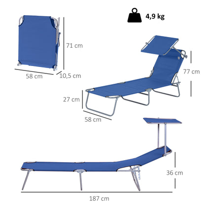 Folding Sun Lounger Garden Lounger with Canopy, Lounger with 4 Adjustable Backrest Positions, Weatherproof Camping Lounger up to 120 kg Load Capacity, for Garden Beach Pool, Blue
