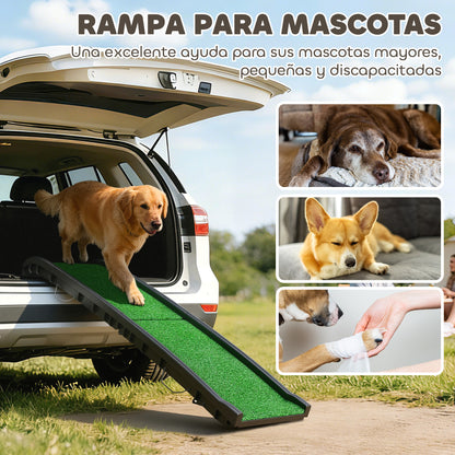 Dog Ramp with Artificial Turf, 61 in — Foldable Car Ramp with Handle, Adjustable Angle, Non-Slip, For All Breeds, Bed & Sofa (Green)
