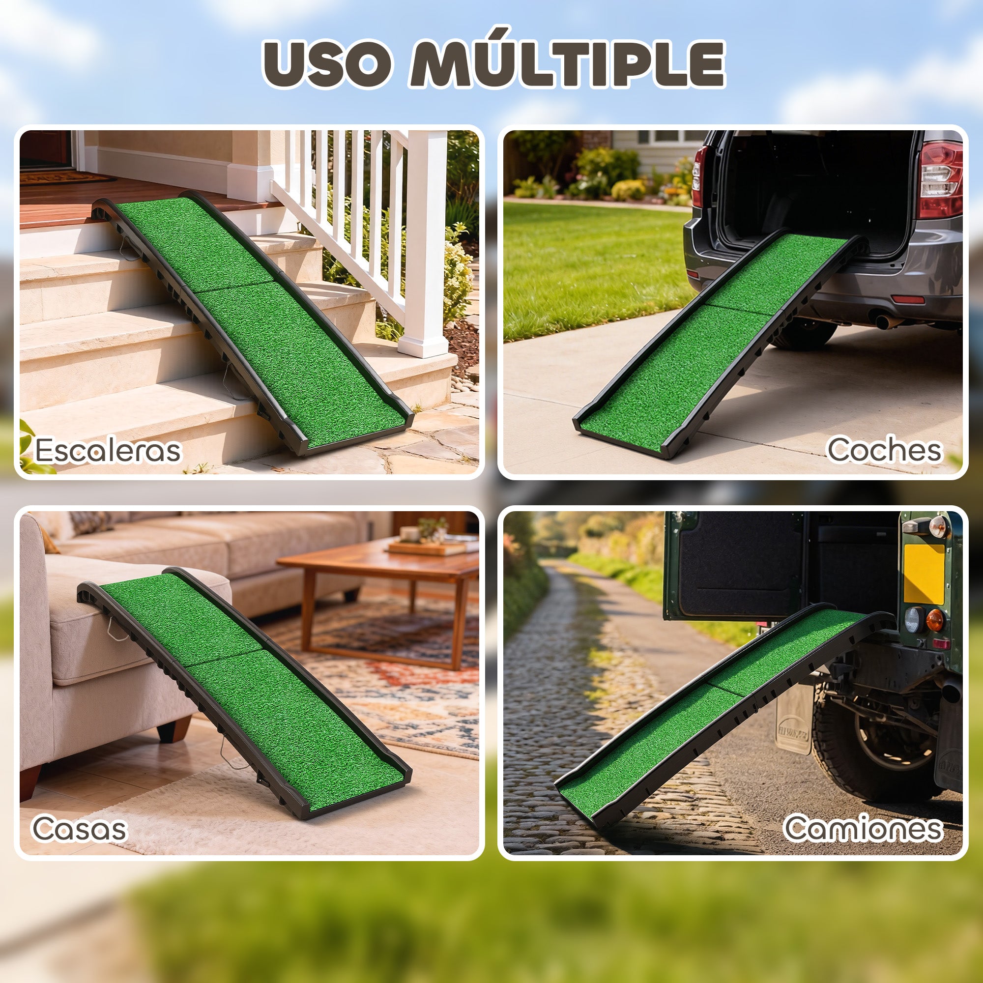 Dog Ramp with Artificial Turf, 61 in — Foldable Car Ramp with Handle, Adjustable Angle, Non-Slip, For All Breeds, Bed & Sofa (Green)