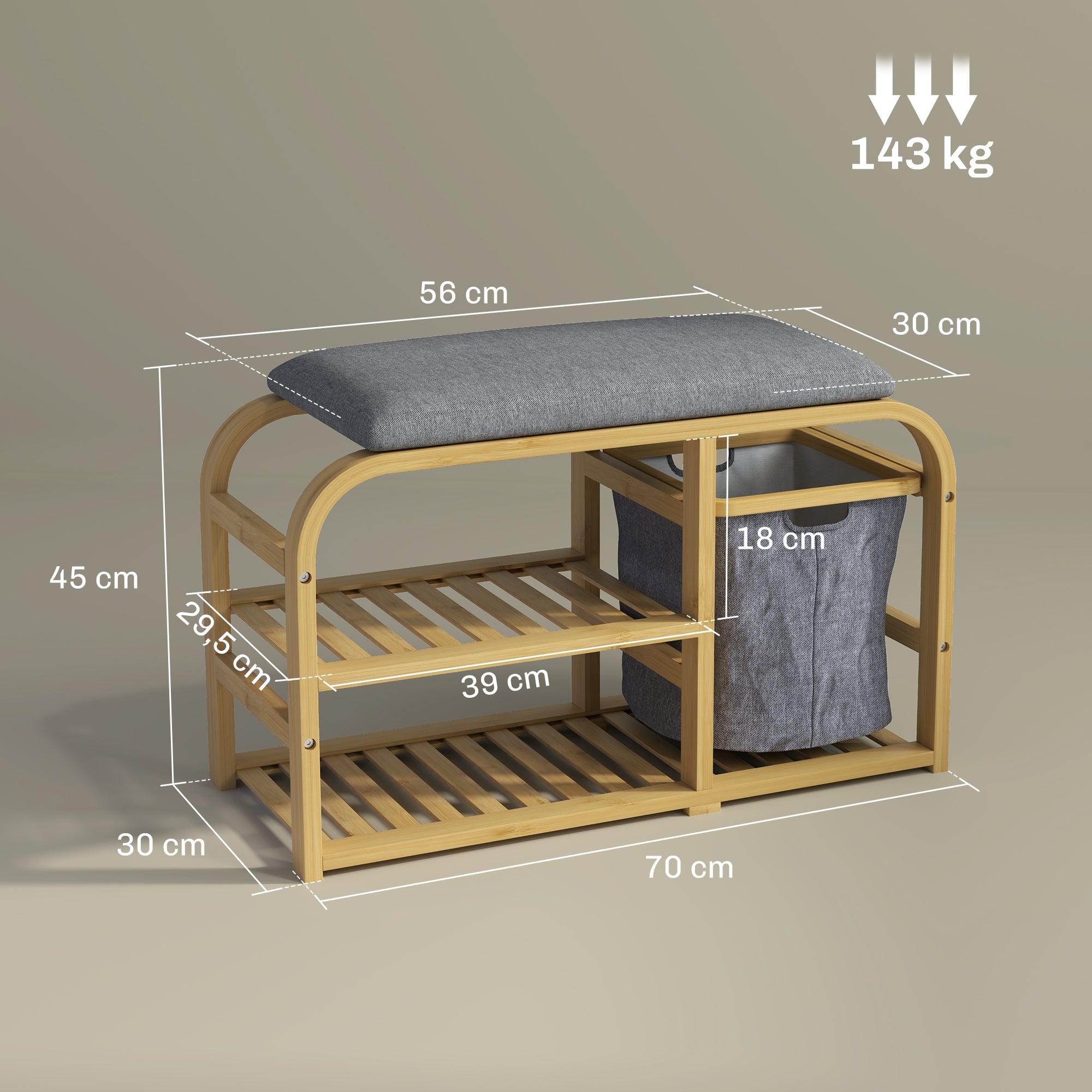 Bamboo Shoe Bench Shoe Cabinet with Cushioned Seat, 2 Slatted Shelves, and Sliding Fabric Basket, Entryway Bench for Hallway, Bedroom, 70x30x45cm, Natural Wood