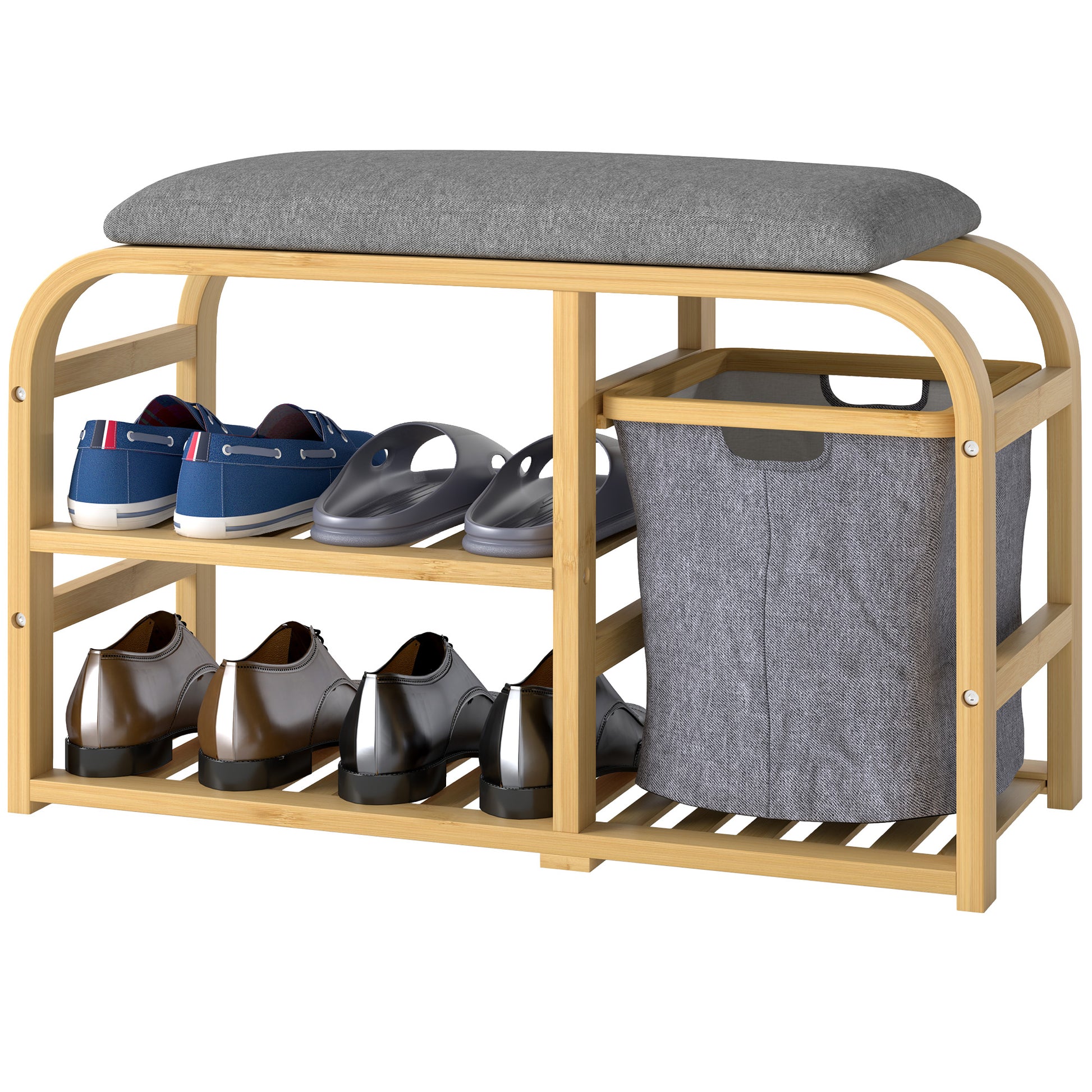 Bamboo Shoe Bench Shoe Cabinet with Cushioned Seat, 2 Slatted Shelves, and Sliding Fabric Basket, Entryway Bench for Hallway, Bedroom, 70x30x45cm, Natural Wood