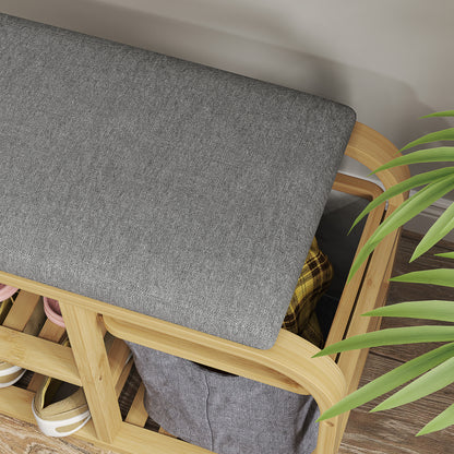 Bamboo Shoe Bench Shoe Cabinet with Cushioned Seat, 2 Slatted Shelves, and Sliding Fabric Basket, Entryway Bench for Hallway, Bedroom, 70x30x45cm, Natural Wood