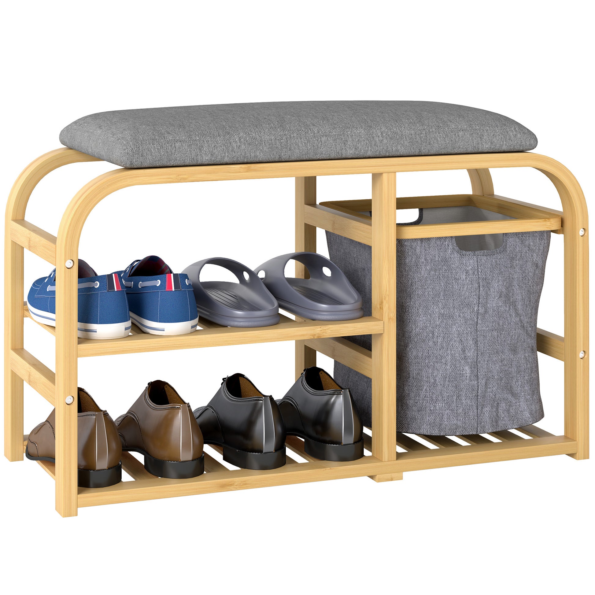Bamboo Shoe Bench Shoe Cabinet with Cushioned Seat, 2 Slatted Shelves, and Sliding Fabric Basket, Entryway Bench for Hallway, Bedroom, 70x30x45cm, Natural Wood