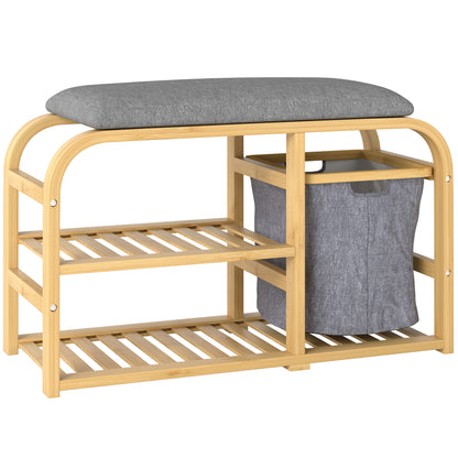 Bamboo Shoe Bench Shoe Cabinet with Cushioned Seat, 2 Slatted Shelves, and Sliding Fabric Basket, Entryway Bench for Hallway, Bedroom, 70x30x45cm, Natural Wood