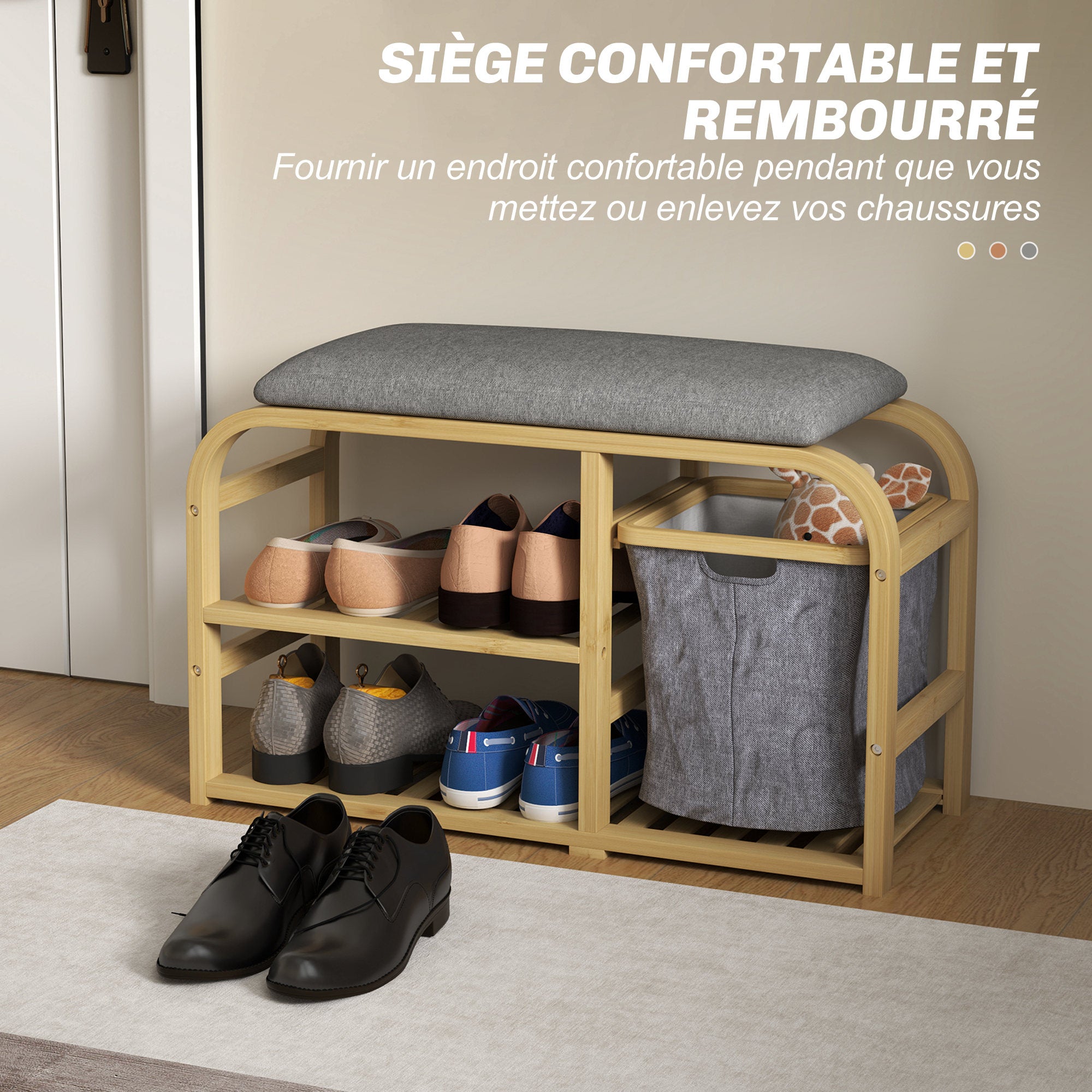 Bamboo Shoe Bench Shoe Cabinet with Cushioned Seat, 2 Slatted Shelves, and Sliding Fabric Basket, Entryway Bench for Hallway, Bedroom, 70x30x45cm, Natural Wood
