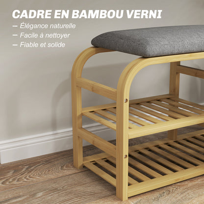 Bamboo Shoe Bench Shoe Cabinet with Cushioned Seat, 2 Slatted Shelves, and Sliding Fabric Basket, Entryway Bench for Hallway, Bedroom, 70x30x45cm, Natural Wood