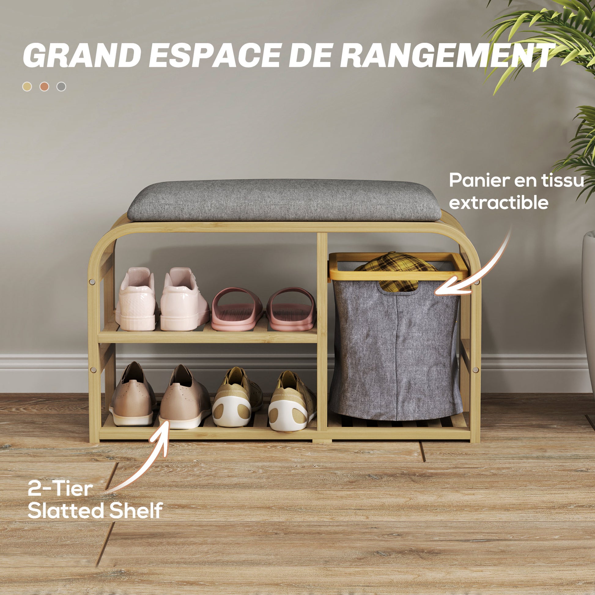 Bamboo Shoe Bench Shoe Cabinet with Cushioned Seat, 2 Slatted Shelves, and Sliding Fabric Basket, Entryway Bench for Hallway, Bedroom, 70x30x45cm, Natural Wood