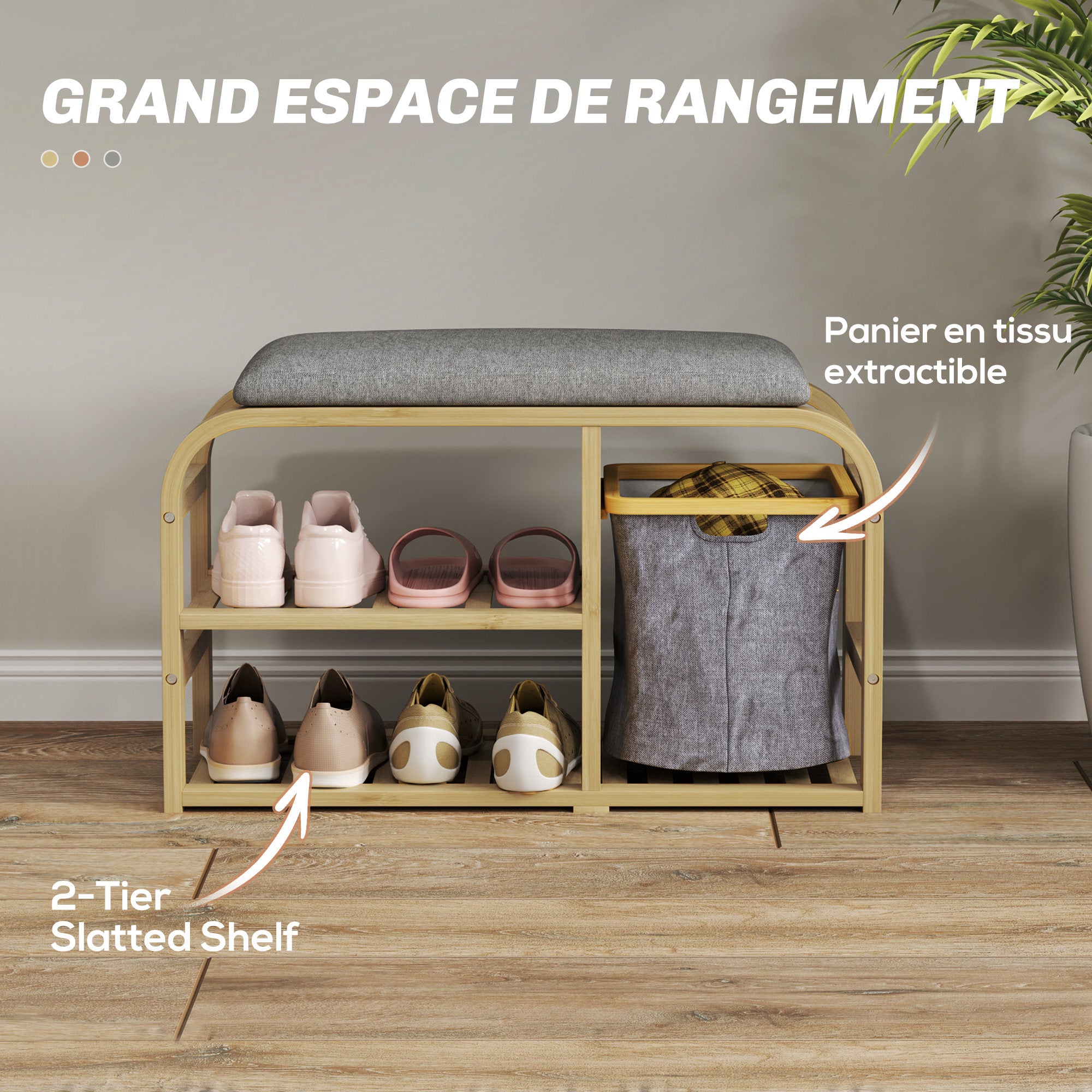 Bamboo Shoe Bench Shoe Cabinet with Cushioned Seat, 2 Slatted Shelves, and Sliding Fabric Basket, Entryway Bench for Hallway, Bedroom, 70x30x45cm, Natural Wood