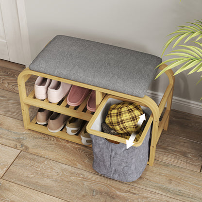 Bamboo Shoe Bench Shoe Cabinet with Cushioned Seat, 2 Slatted Shelves, and Sliding Fabric Basket, Entryway Bench for Hallway, Bedroom, 70x30x45cm, Natural Wood