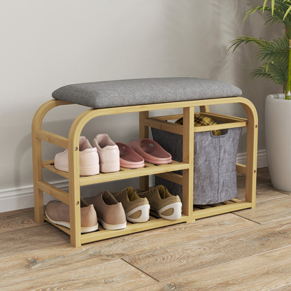 Bamboo Shoe Bench Shoe Cabinet with Cushioned Seat, 2 Slatted Shelves, and Sliding Fabric Basket, Entryway Bench for Hallway, Bedroom, 70x30x45cm, Natural Wood