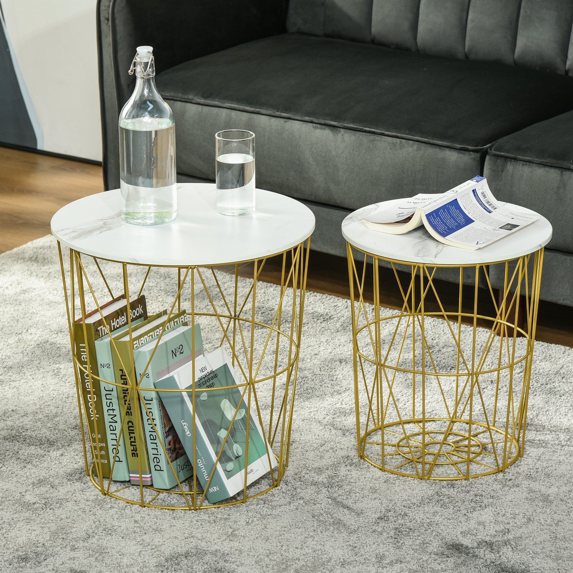 Set of 2 Modern Stackable Living Room Coffee Tables with Removable Shelf, Coffee Table with Storage for Living Room and Bedroom, White Gold