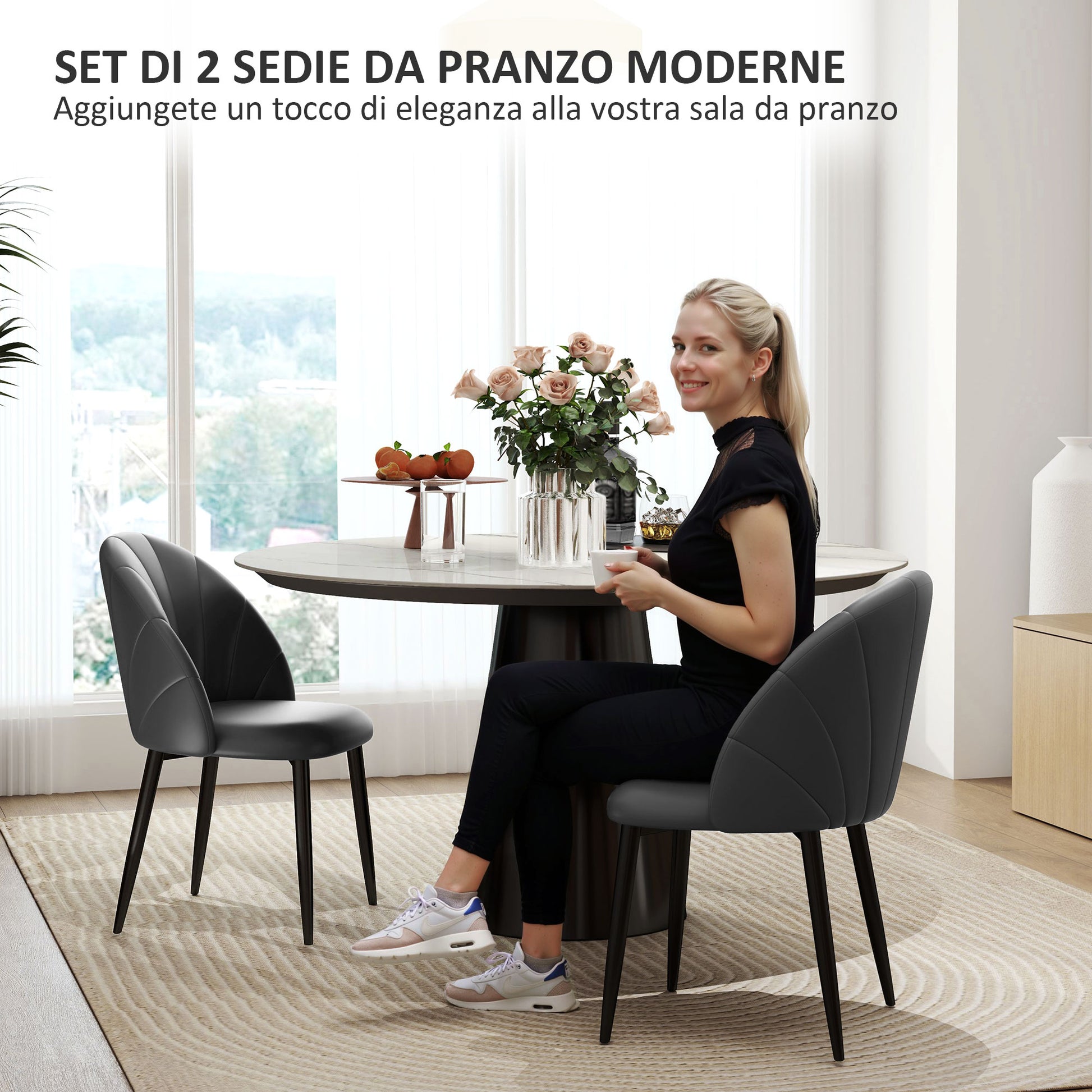 Set of 2 Dining Room Chairs, Modern Kitchen Chairs with Shell Back and Metal Legs, PU Chair with Padding for Kitchen, Bedroom, Office, and Living Room, Dark Gray