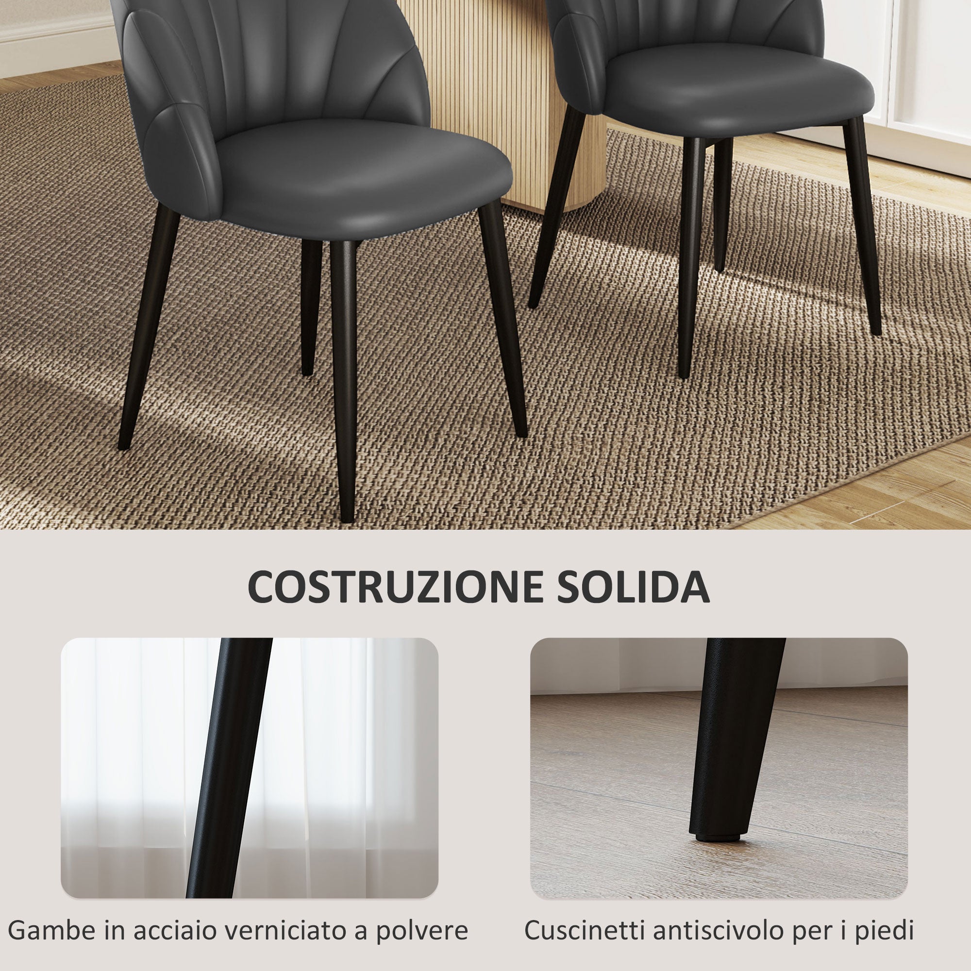 Set of 2 Dining Room Chairs, Modern Kitchen Chairs with Shell Back and Metal Legs, PU Chair with Padding for Kitchen, Bedroom, Office, and Living Room, Dark Gray