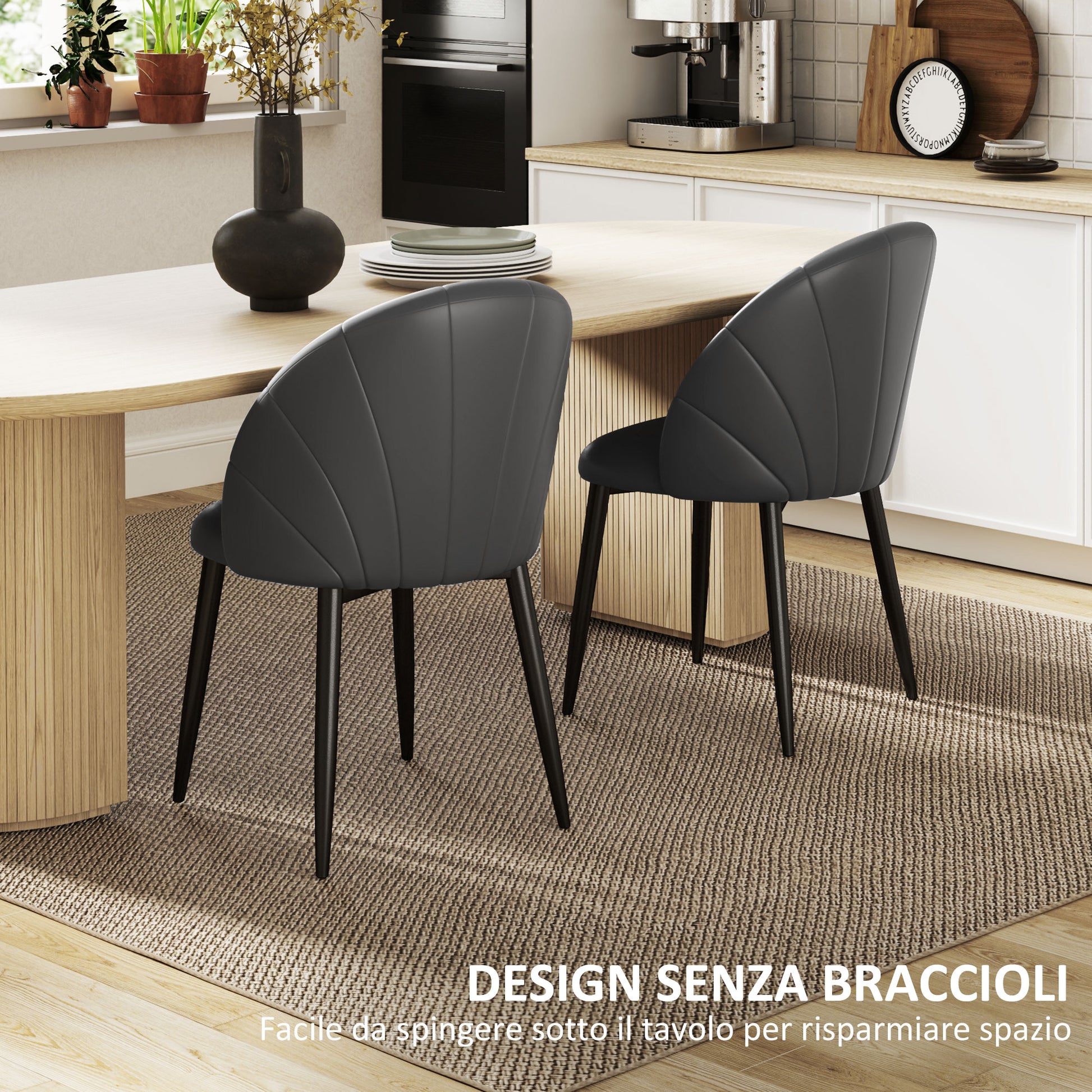 Set of 2 Dining Room Chairs, Modern Kitchen Chairs with Shell Back and Metal Legs, PU Chair with Padding for Kitchen, Bedroom, Office, and Living Room, Dark Gray