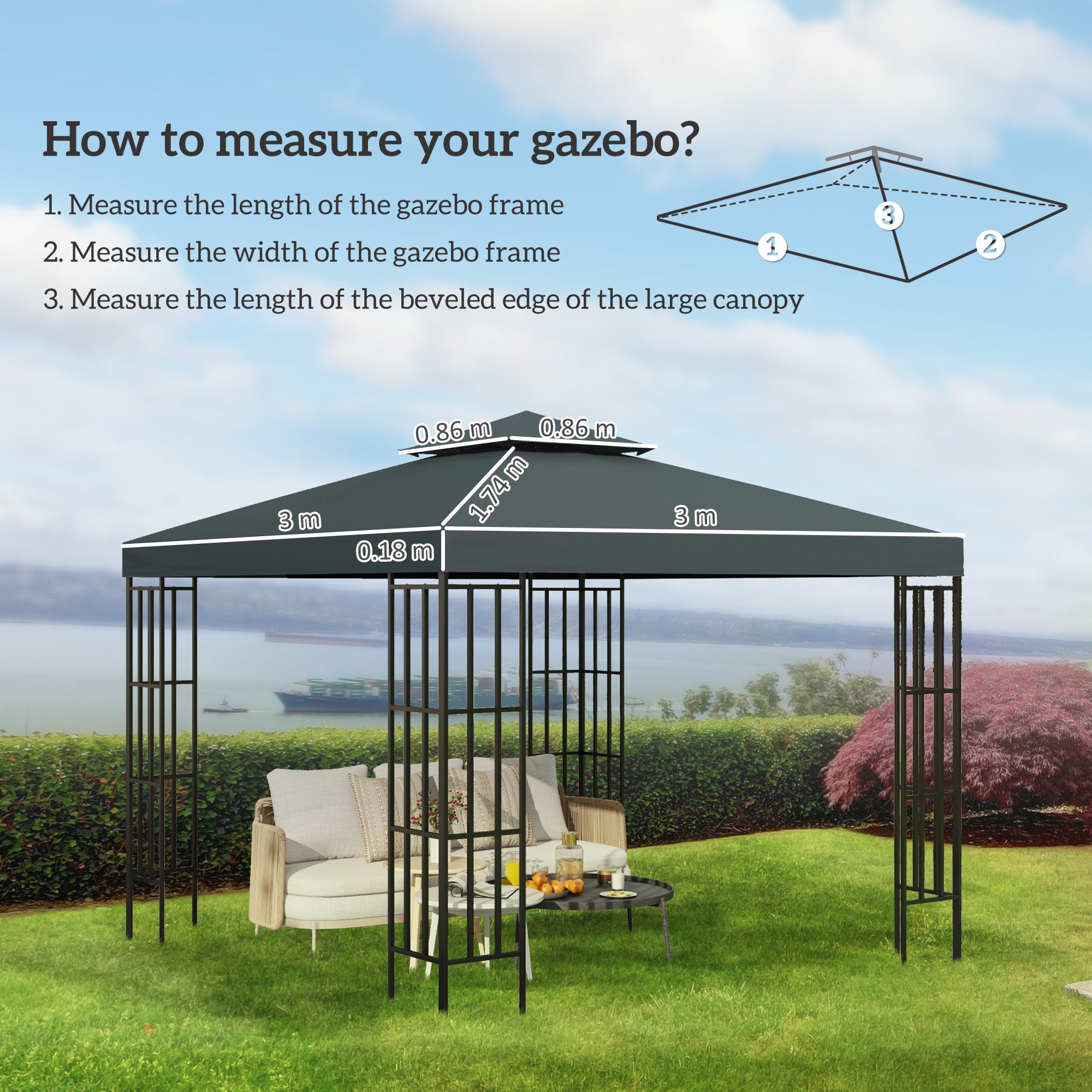 Replacement Roof for Pavilion 3x3m Water-Resistant Pavilion Roof for Metal Pavilion Pavilion Replacement Roof Garden Pavilion Party Tent Garden Tent Polyester Charcoal Grey