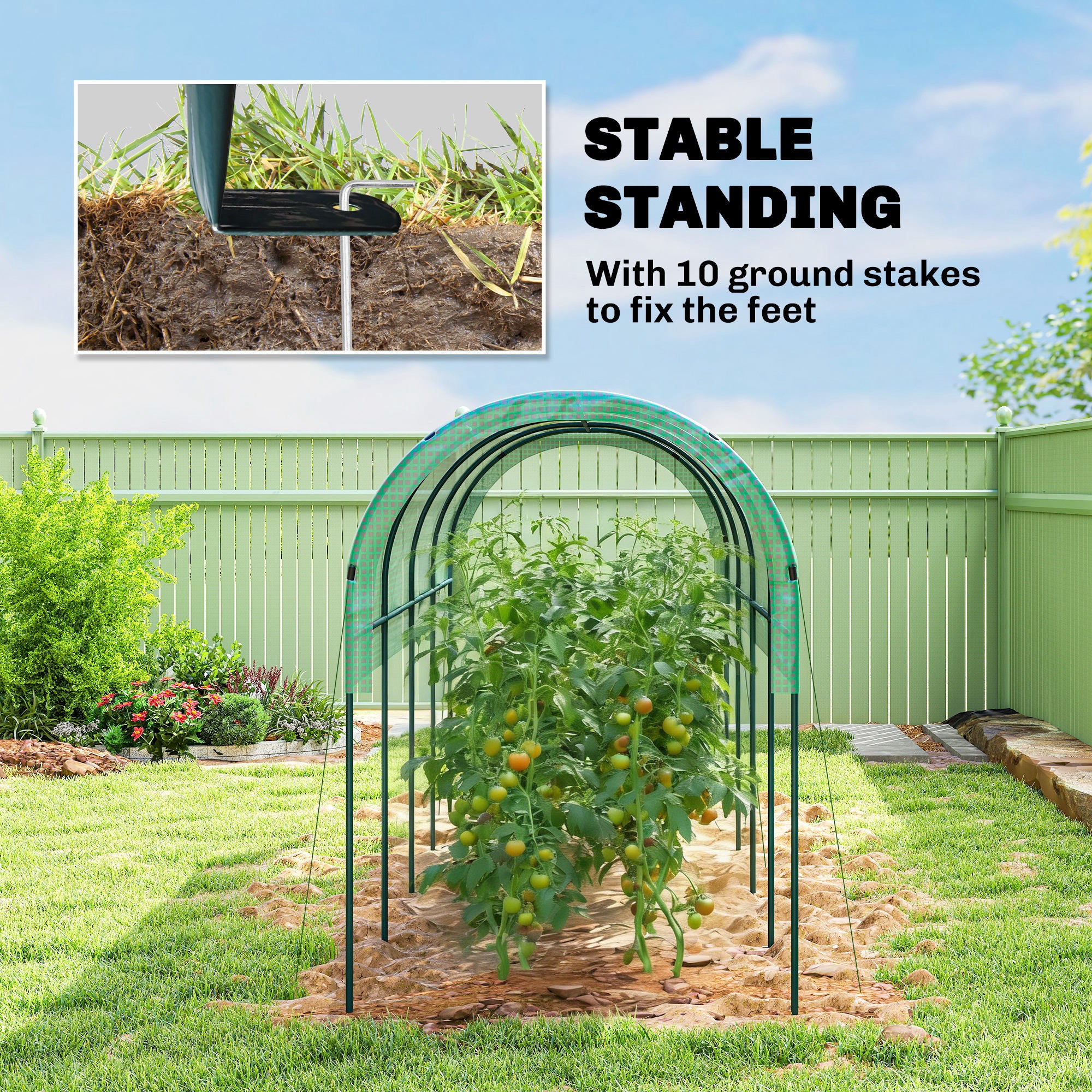 Winter Film Greenhouse with Arched Roof — Steel Frame & Ground Anchors, Slot-Together Open Tunnel, 400 x 120 x 170 cm (13.1 x 3.9 x 5.6 ft), Green