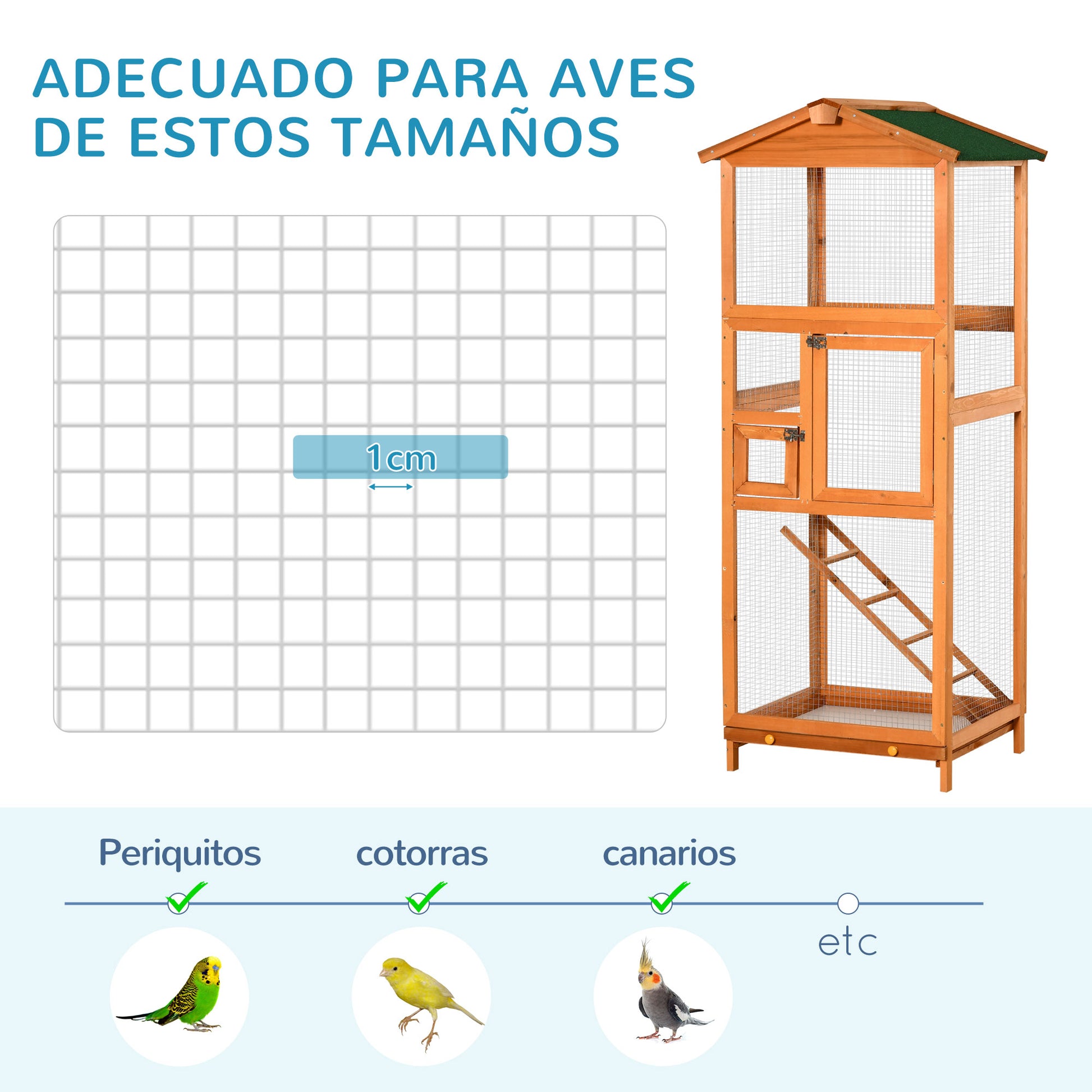 Large Bird Cage 68x63x165 cm Fir Wood Aviary with 2 Doors Removable Tray and Asphalt Roof Natural Wood