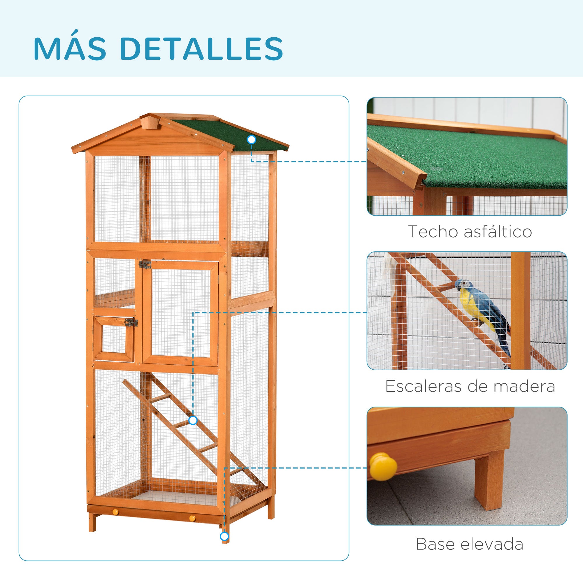 Large Bird Cage 68x63x165 cm Fir Wood Aviary with 2 Doors Removable Tray and Asphalt Roof Natural Wood