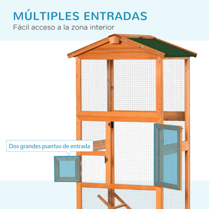 Large Bird Cage 68x63x165 cm Fir Wood Aviary with 2 Doors Removable Tray and Asphalt Roof Natural Wood