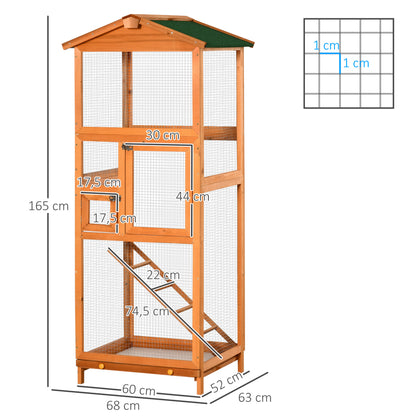 Large Bird Cage 68x63x165 cm Fir Wood Aviary with 2 Doors Removable Tray and Asphalt Roof Natural Wood