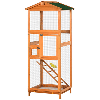 Large Bird Cage 68x63x165 cm Fir Wood Aviary with 2 Doors Removable Tray and Asphalt Roof Natural Wood