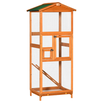 Large Bird Cage 68x63x165 cm Fir Wood Aviary with 2 Doors Removable Tray and Asphalt Roof Natural Wood