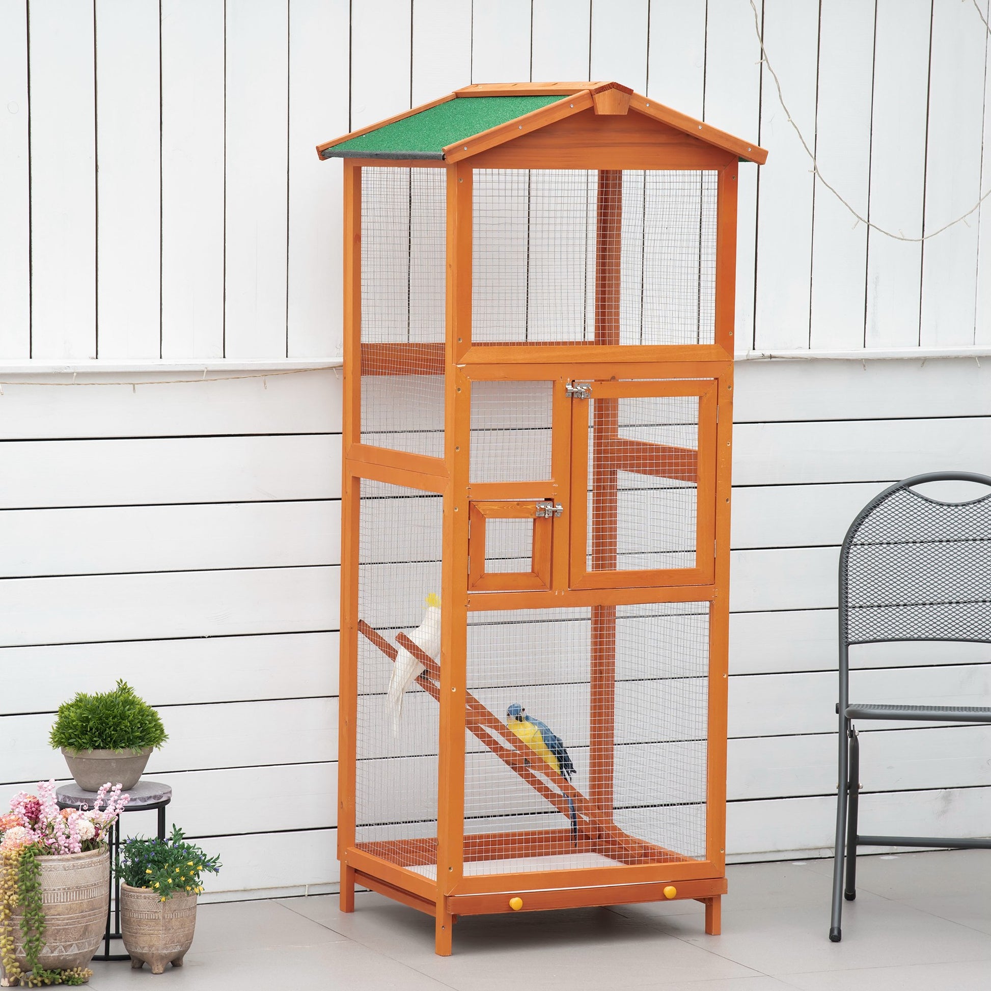 Large Bird Cage 68x63x165 cm Fir Wood Aviary with 2 Doors Removable Tray and Asphalt Roof Natural Wood