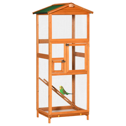 Large Bird Cage 68x63x165 cm Fir Wood Aviary with 2 Doors Removable Tray and Asphalt Roof Natural Wood