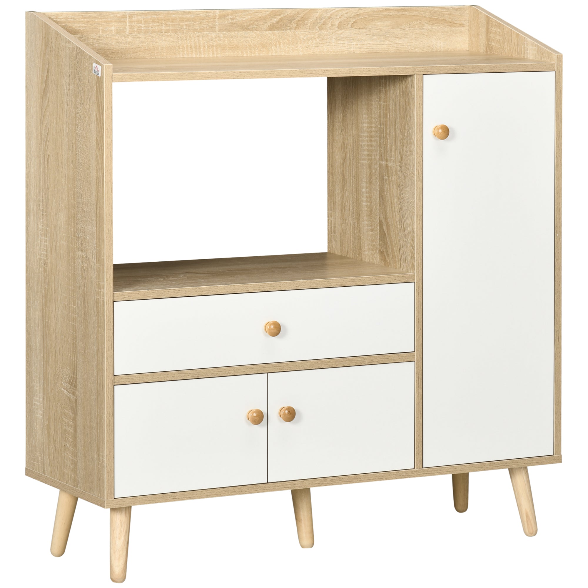 Kitchen Microwave Cabinet with 2 Cabinets and Drawer, 90x30x94cm, in MDF, Natural Wood and White