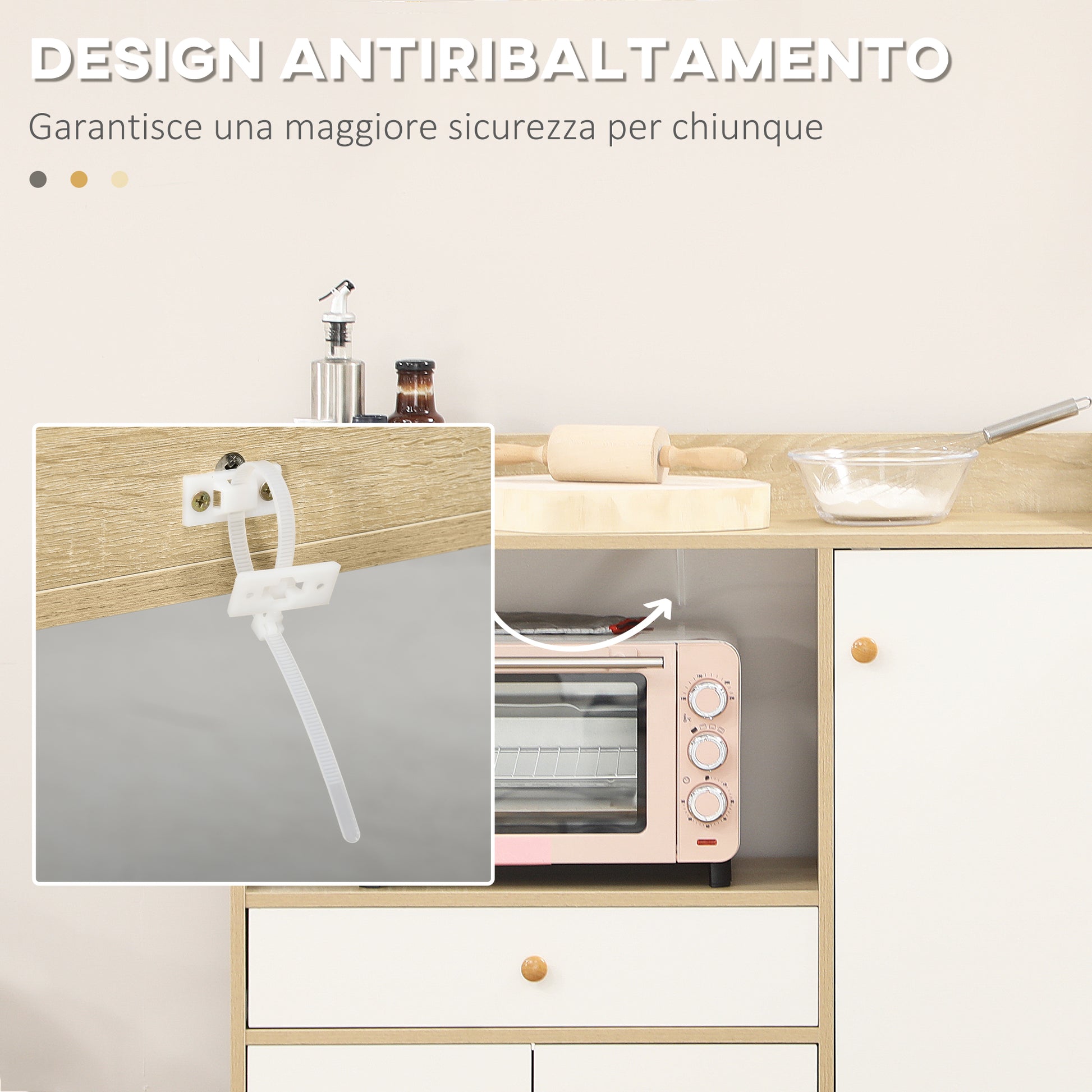 Kitchen Microwave Cabinet with 2 Cabinets and Drawer, 90x30x94cm, in MDF, Natural Wood and White