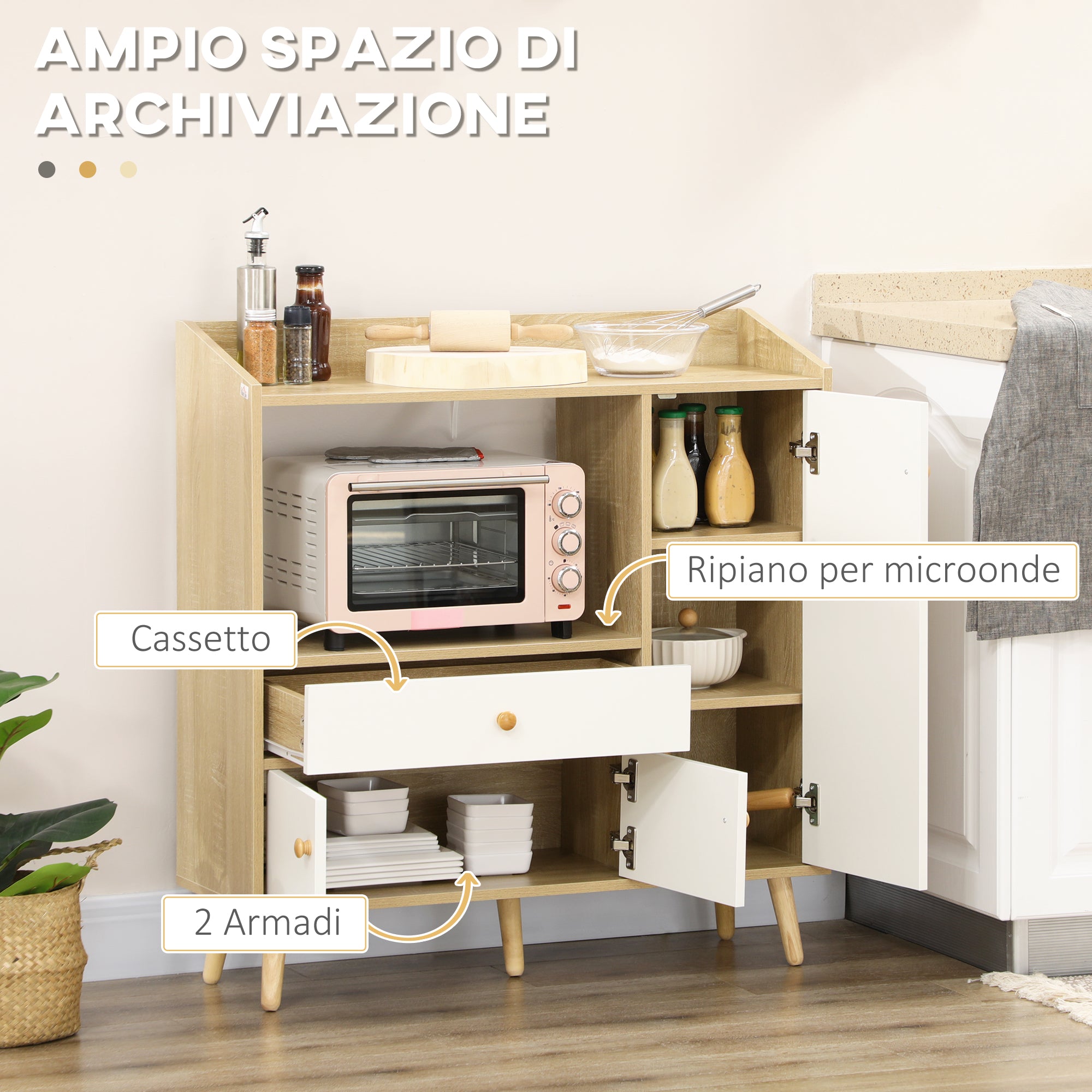 Kitchen Microwave Cabinet with 2 Cabinets and Drawer, 90x30x94cm, in MDF, Natural Wood and White
