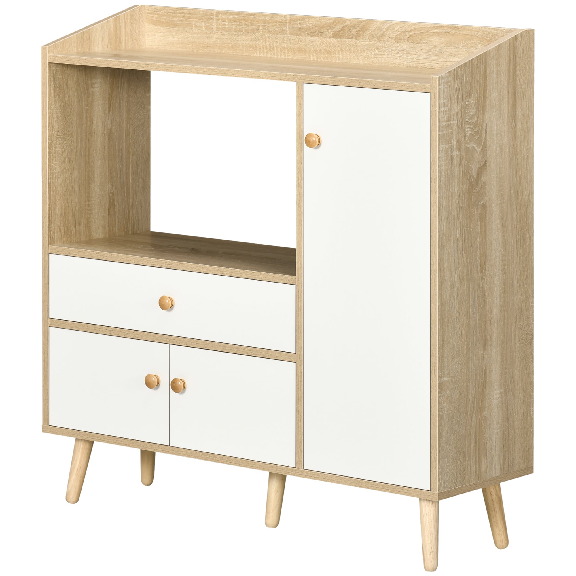 Kitchen Microwave Cabinet with 2 Cabinets and Drawer, 90x30x94cm, in MDF, Natural Wood and White